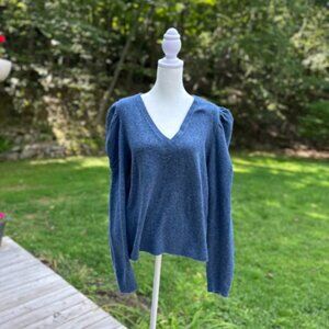 White House Black Market Blue Puff-Sleeved V-Neck Sweater